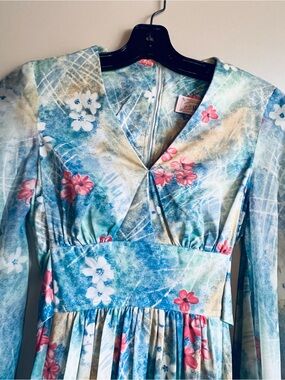 Vintage Algo Floral Maxi Dress Boho Cottagecore Flutter Sleeve Blue Women XS 70s